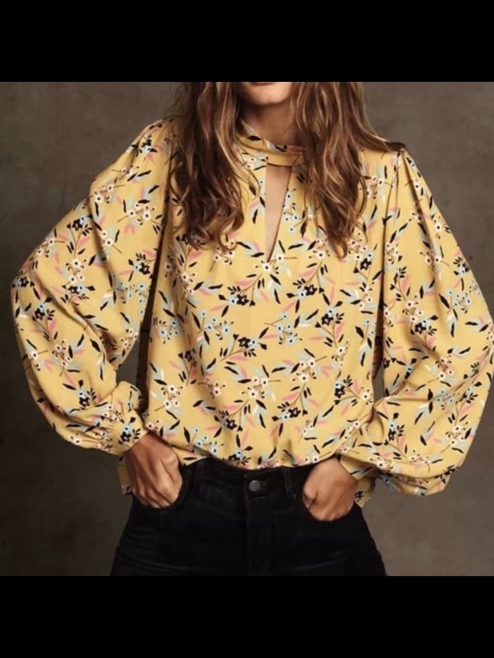 Maeve Yellow Floral Tie-Neck Puff-Sleeve Blouse